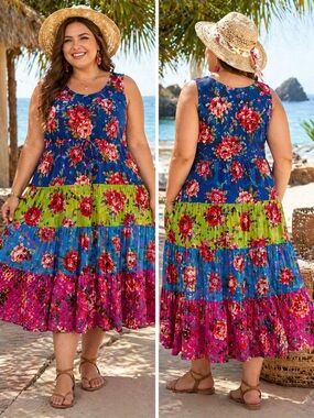 Woman Within Maxi Dress 2X Floral Spring Summer Beach Drawstring Pockets Resort